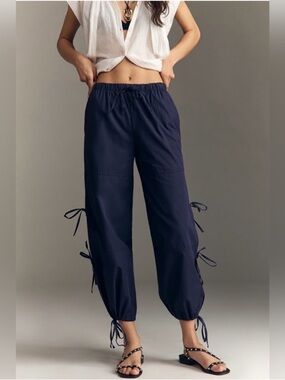 Anthropologie maeve navy ankle side tie poplin balloon pants womens XS